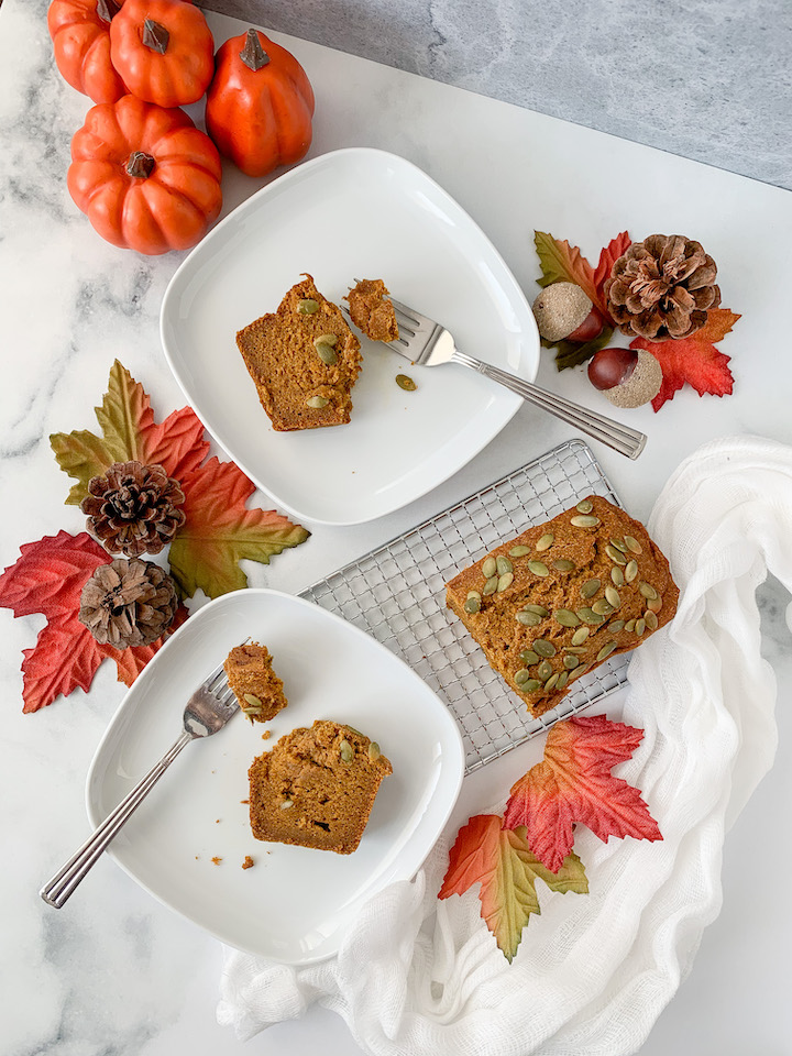 This gluten-free and dairy-free pumpkin bread recipe is cozy, spicy, and healthy! Easy to prepare with minimal ingredients, this quick bread recipe is sure to be a fall favourite.