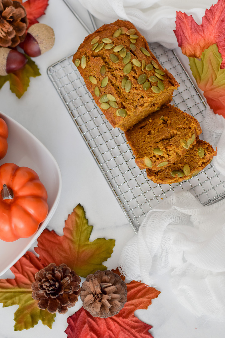 This gluten-free and dairy-free pumpkin bread recipe is cozy, spicy, and healthy! Easy to prepare with minimal ingredients, this quick bread recipe is sure to be a fall favourite.