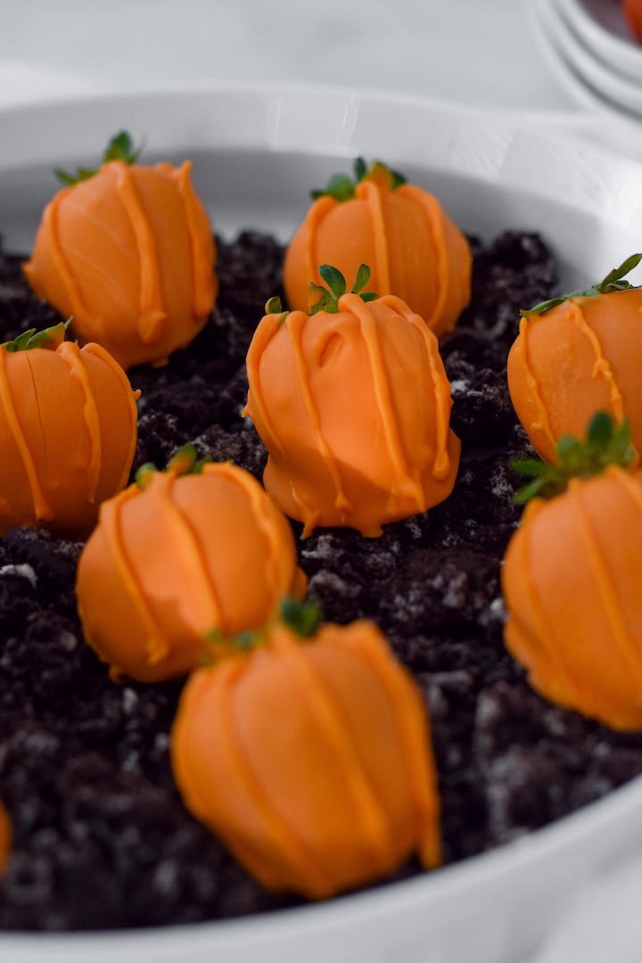This cute little pumpkin patch dessert is made entirely from chocolate-covered strawberries. Fresh berries dipped in festive chocolate served on a bed of gluten-free cookie crumbs are sure to be a halloween party hit!
