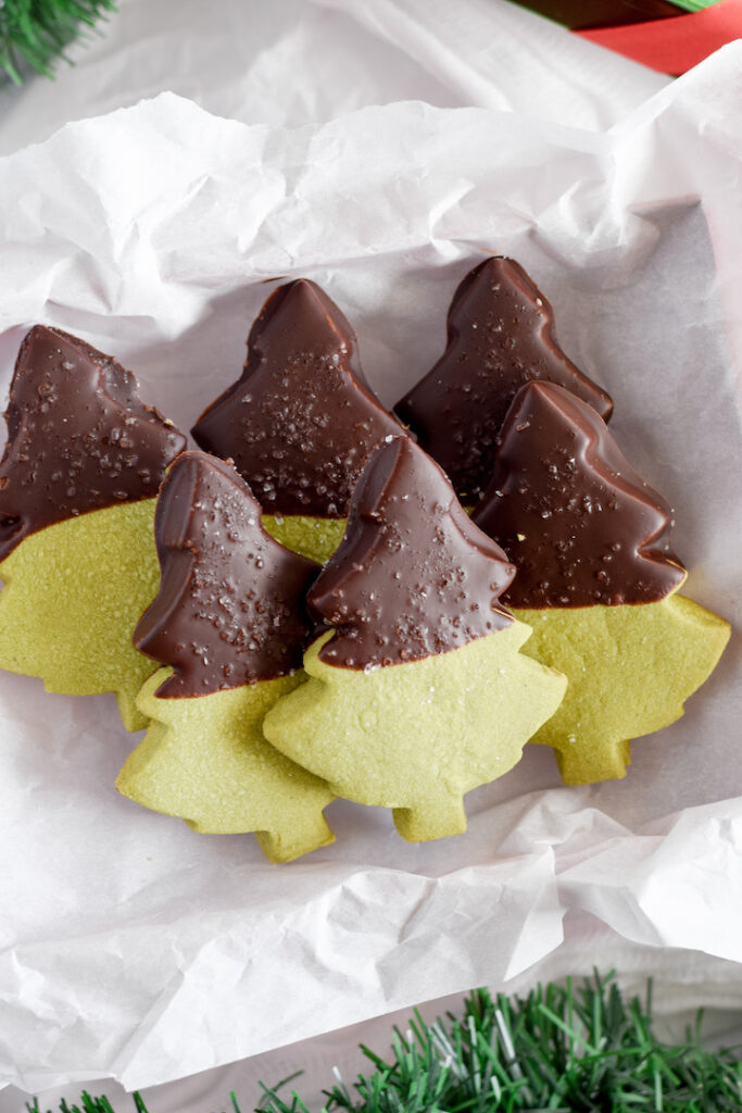 These chocolate-dipped matcha shortbread cookies are gluten-free and easily vegan. They are buttery soft, creamy, and put a unique spin on the classic shortbread recipe.