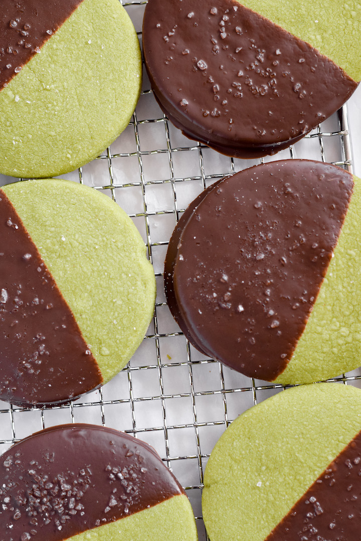 These chocolate-dipped matcha shortbread cookies are gluten-free and easily vegan. They are buttery soft, creamy, and put a unique spin on the classic shortbread recipe.
