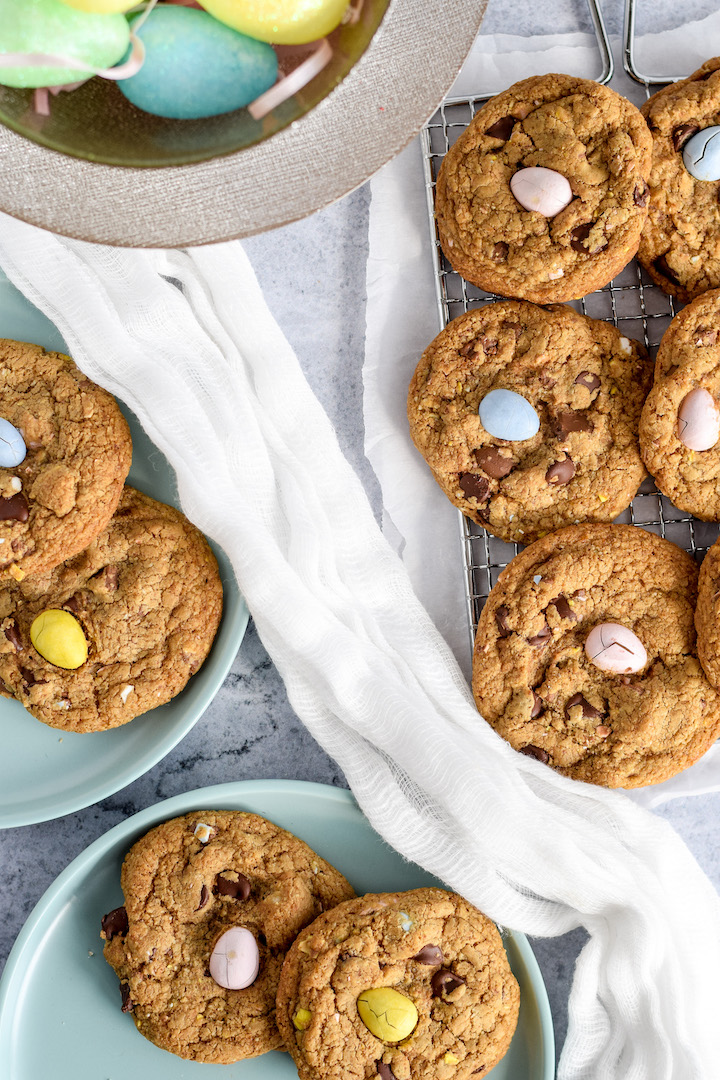 These gluten-free mini egg cookies are soft, chewy, and full of chocolatey bites. Kids and adults alike will love this cookie recipe. They are an easy one-bowl bake and perfect for Easter!