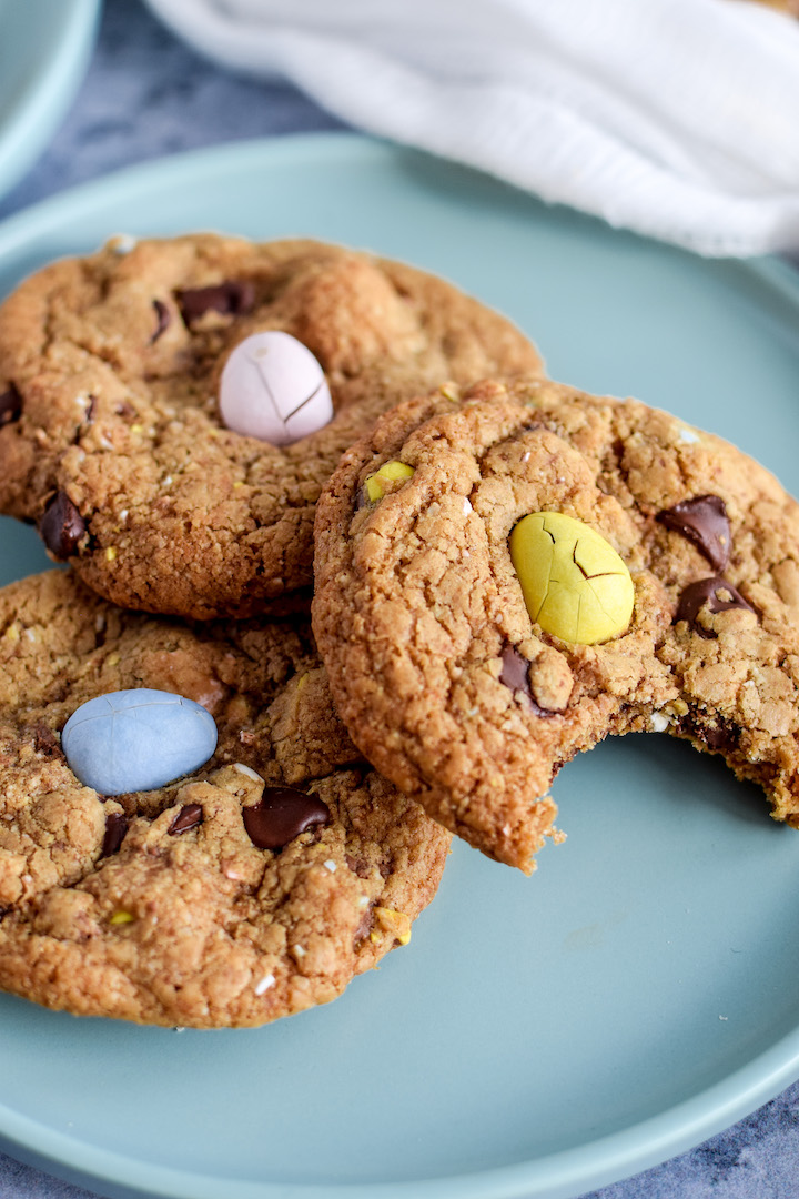 These gluten-free mini egg cookies are soft, chewy, and full of chocolatey bites. Kids and adults alike will love this cookie recipe. They are an easy one-bowl bake and perfect for Easter!
