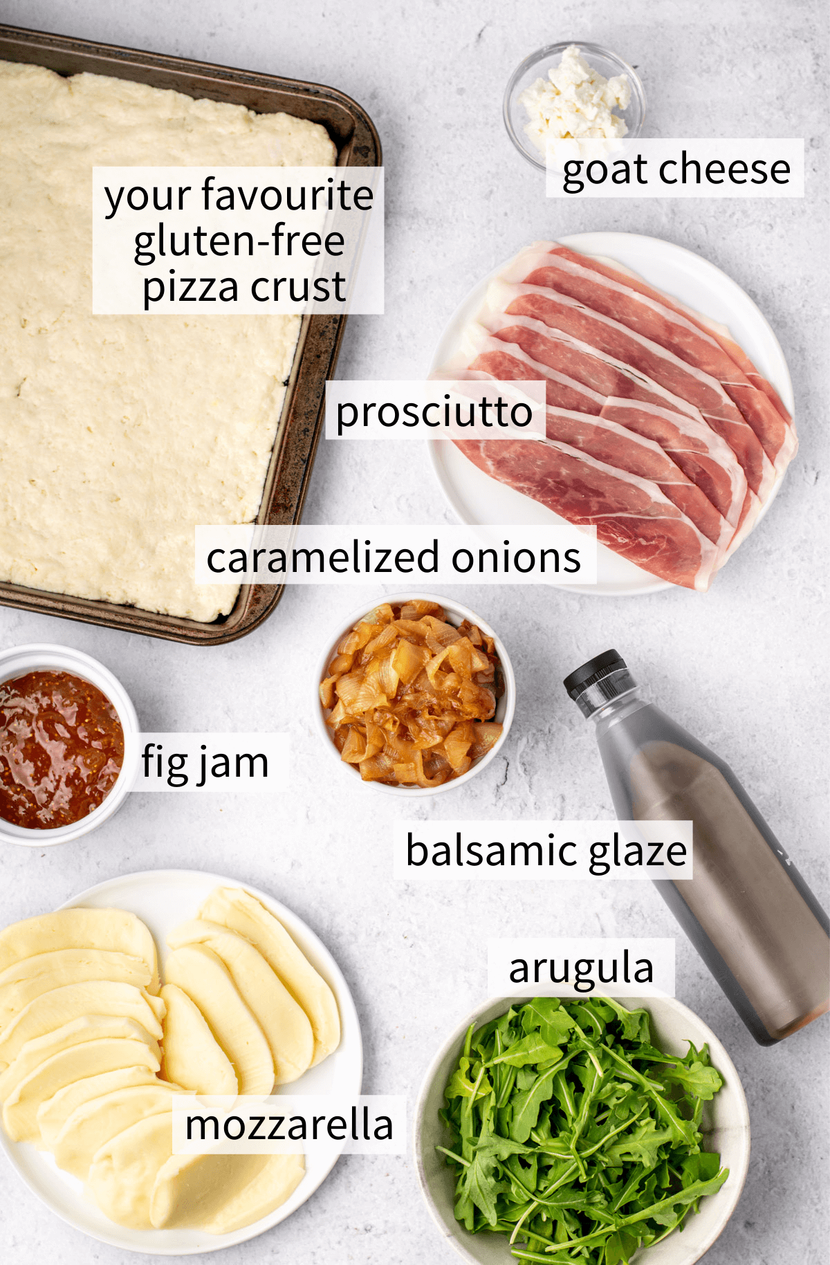 ingredients to make a fig and prosciutto pizza