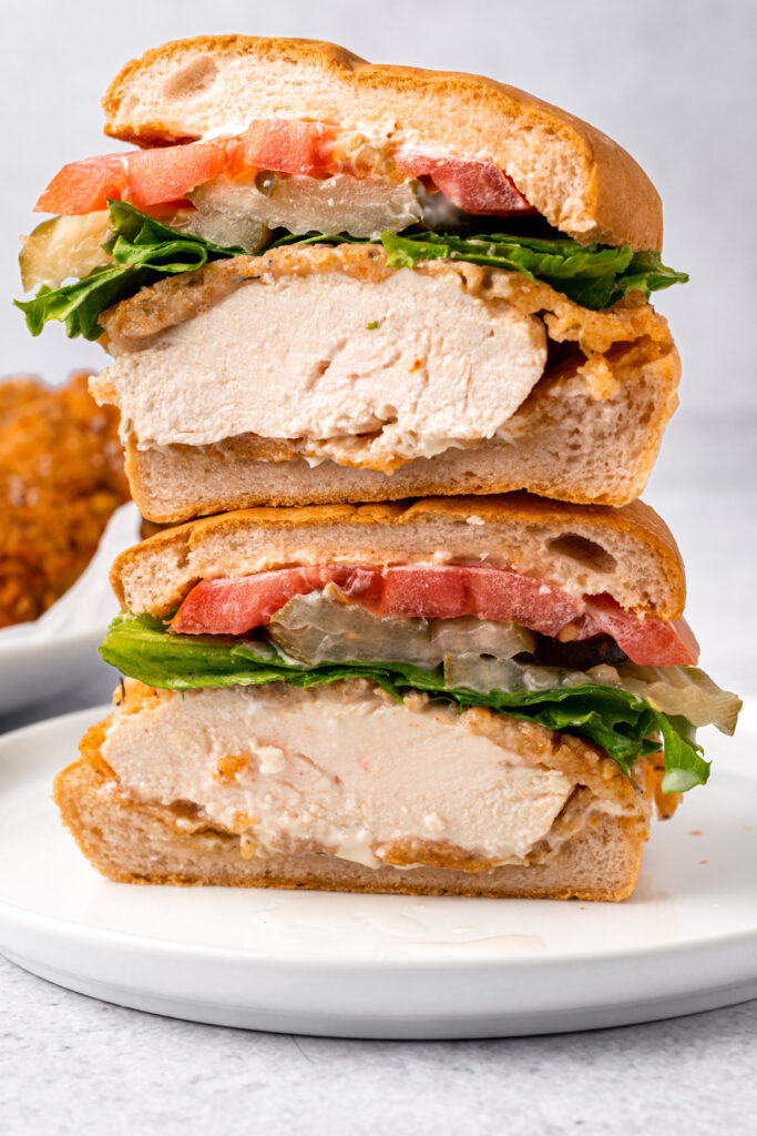 cross section of a gluten-free fried chicken sandwich