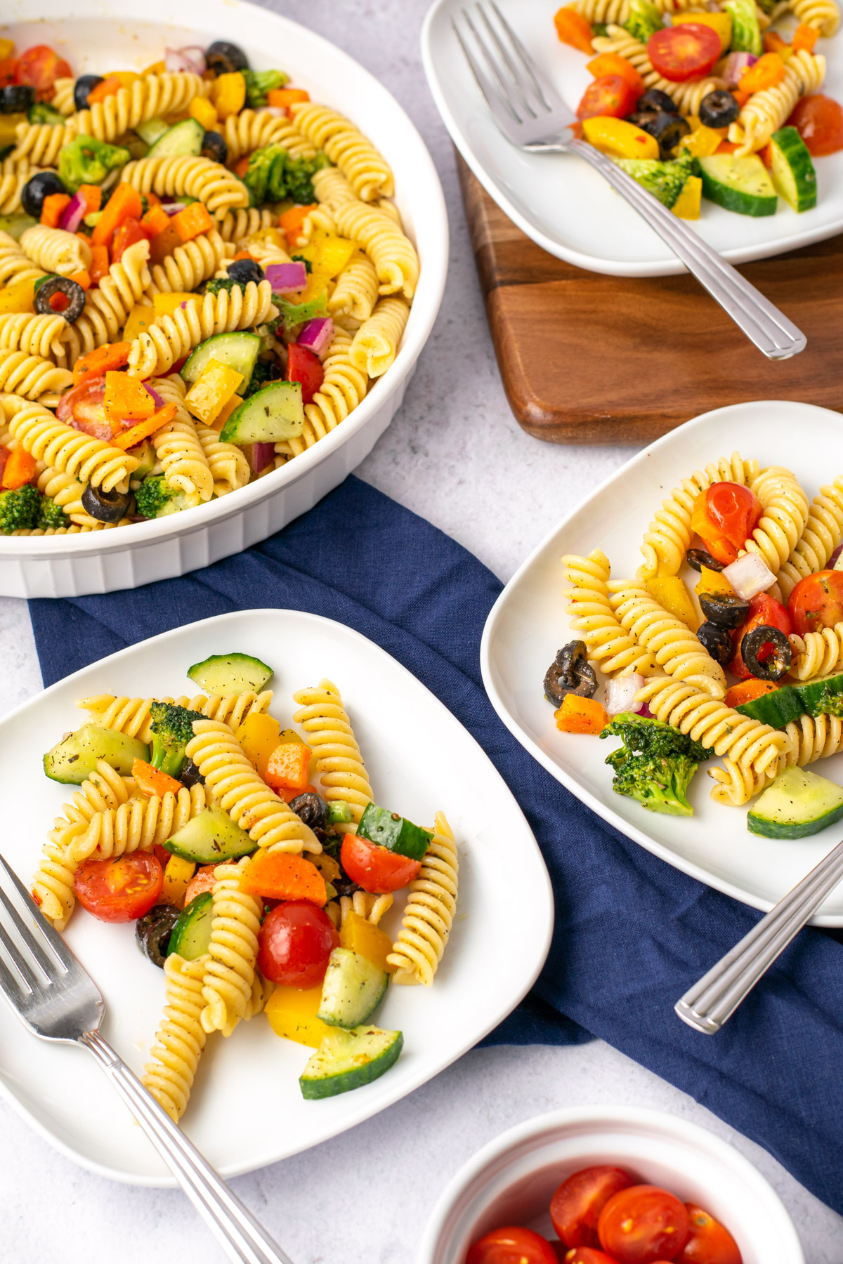 several plates of gluten free pasta salad