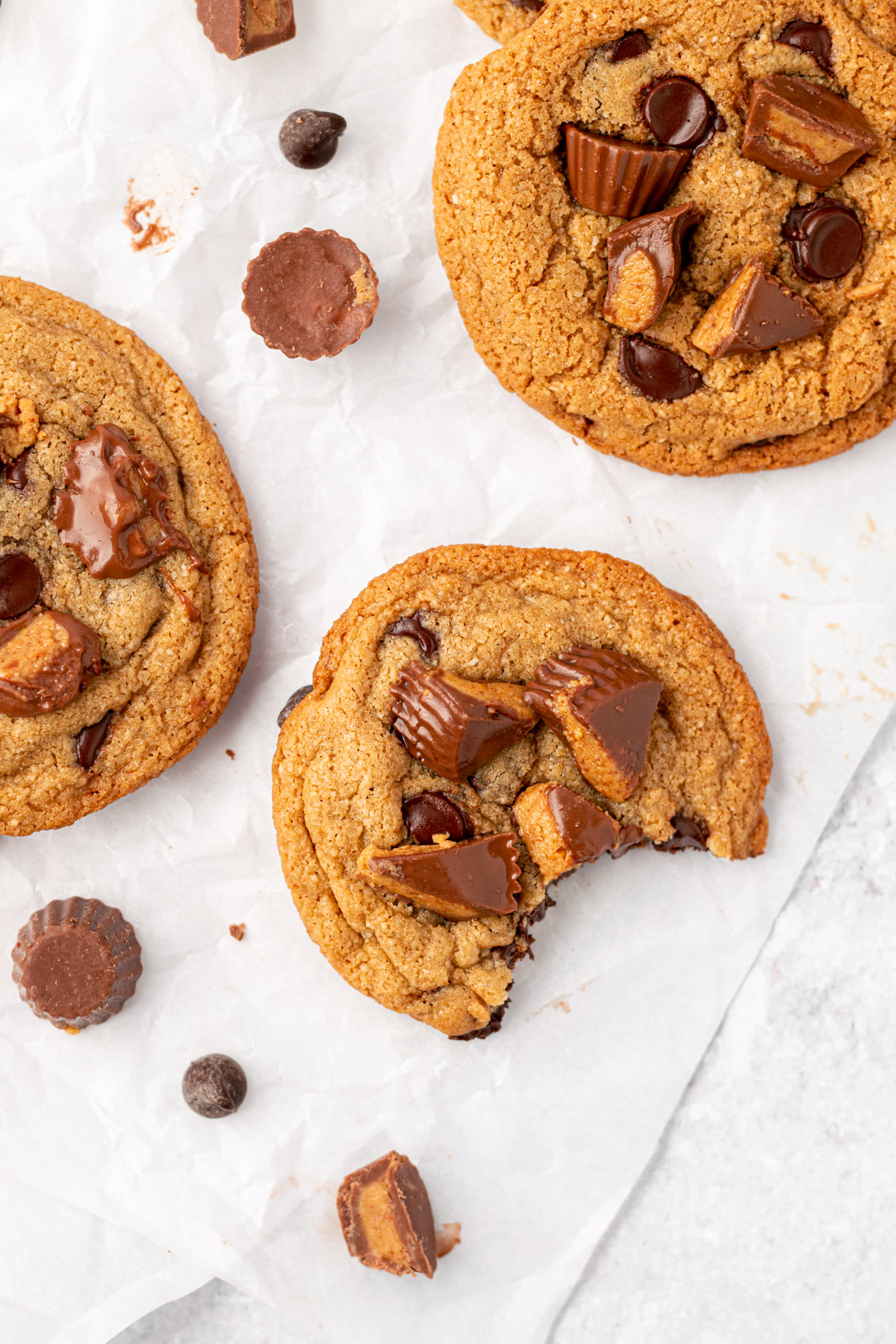 peanut butter cup cookie with a bite missing