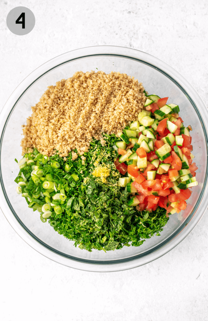 ingredients for quinoa tabbouleh in a glass bowl