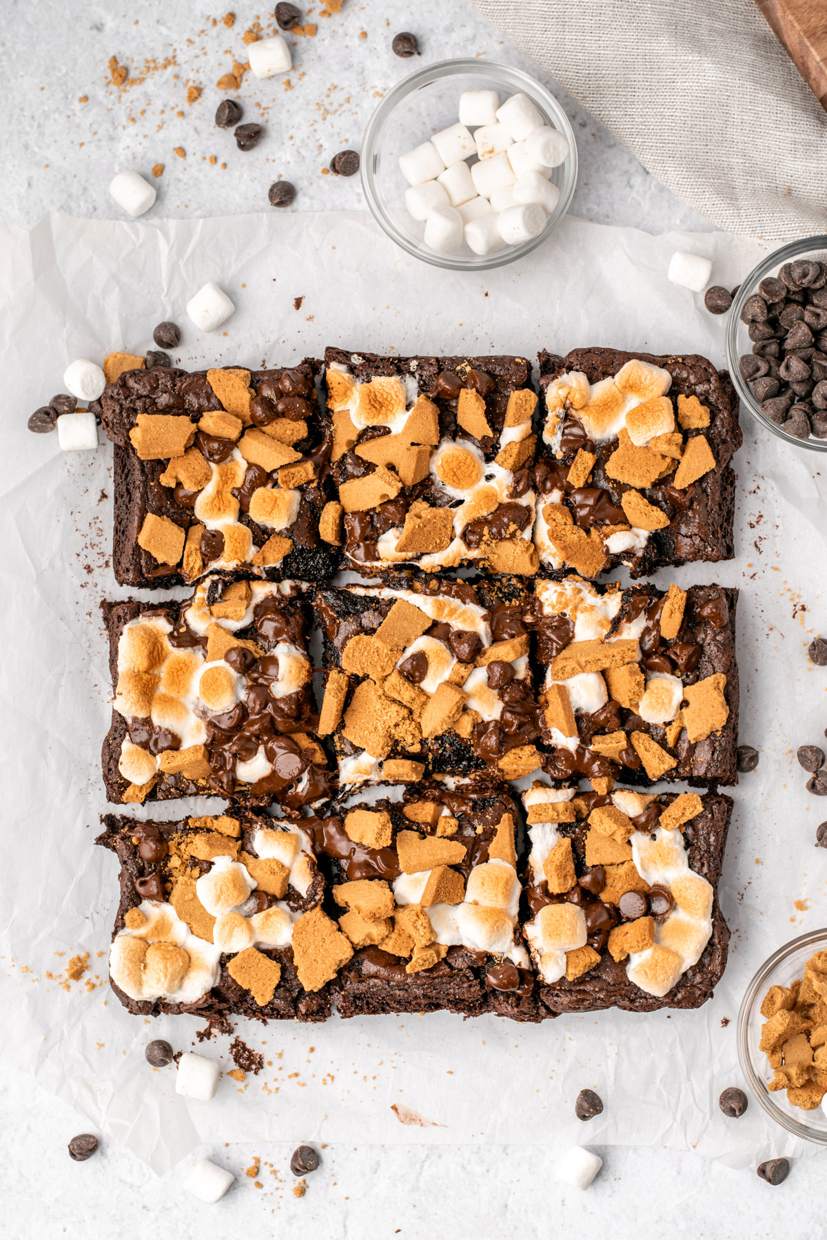 baked s'mores brownies, cut into 9 squares