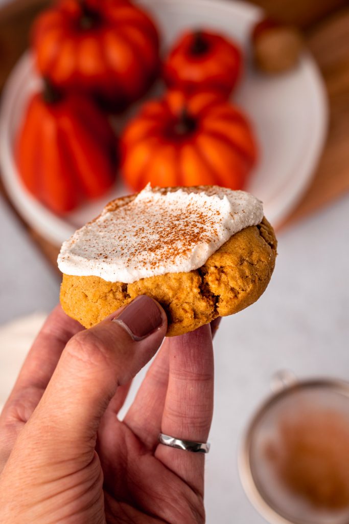 hand holding a pumpkin sugar cookie - side view