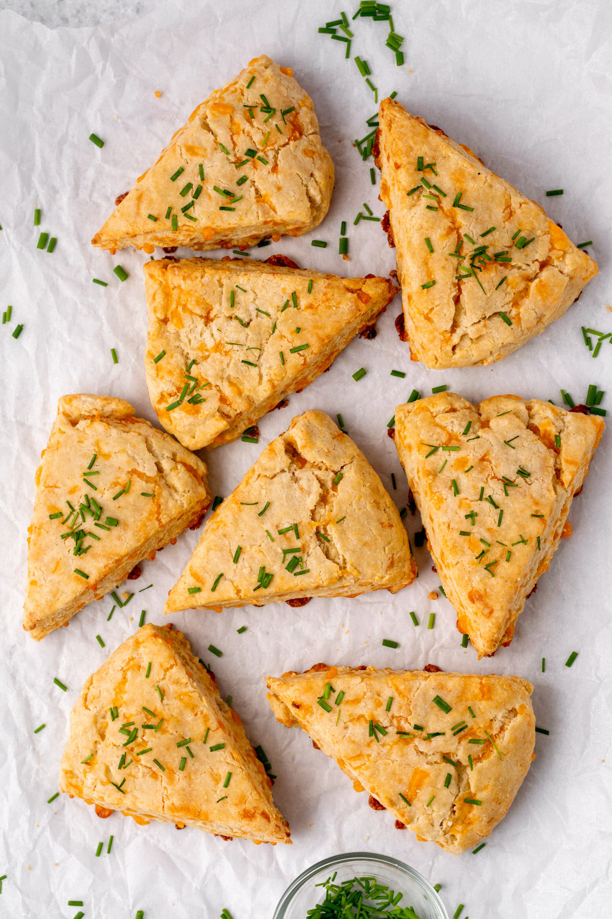 top view of gluten free cheese scones topped with chives