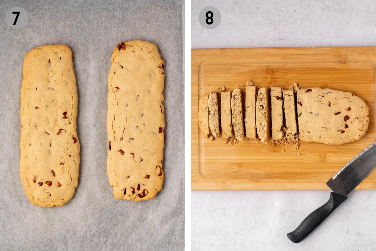 slicing baked biscotti logs on a wooden board.
