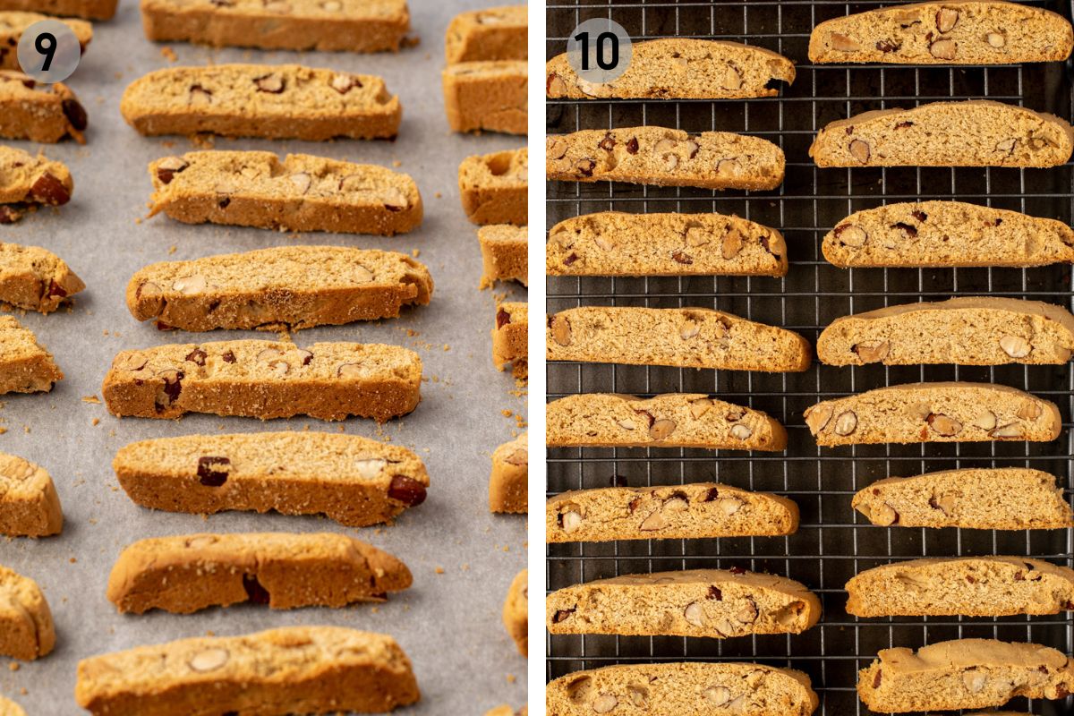 almond biscotti cookies baking on a baking sheet then cooling on a rack.