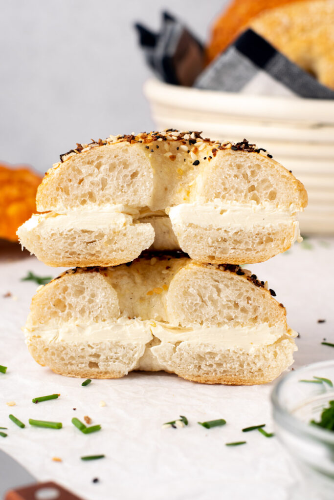 stacked bagel with cream cheese
