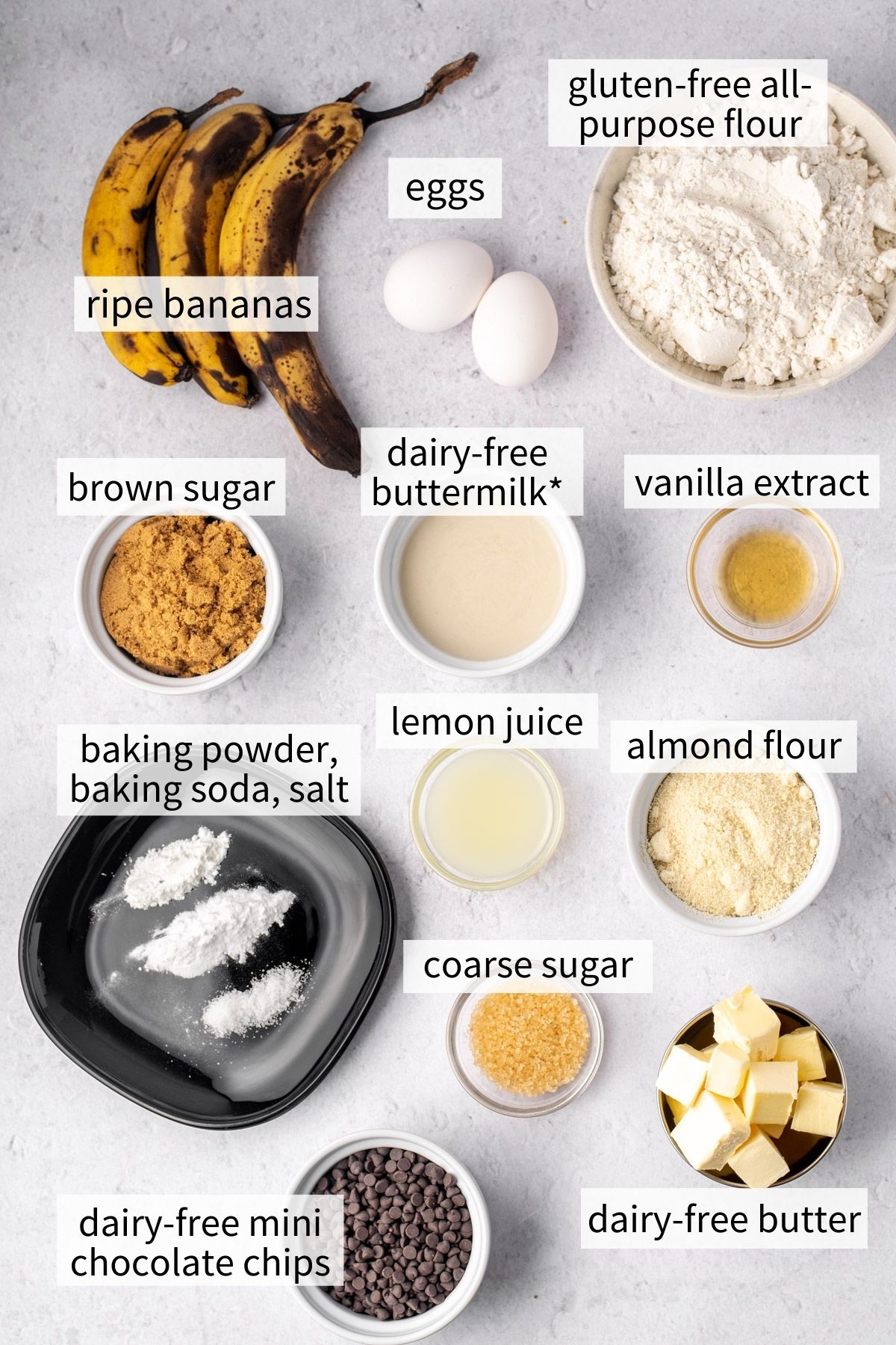 ingredients to make gluten free banana chocolate chip muffins