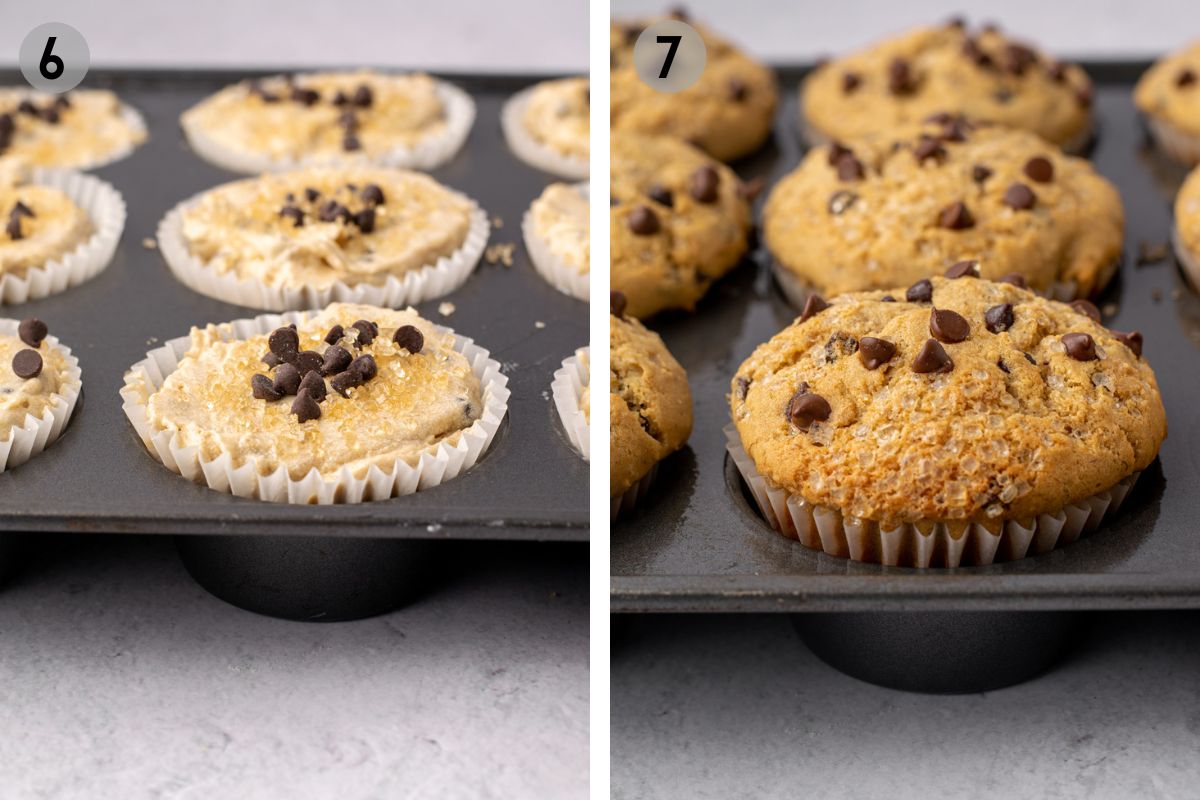 banana chocolate chip muffins before and after baking.