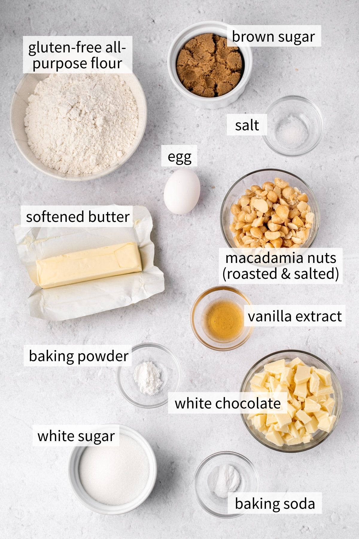 ingredients to make gluten free white chocolate macadamia nut cookies
