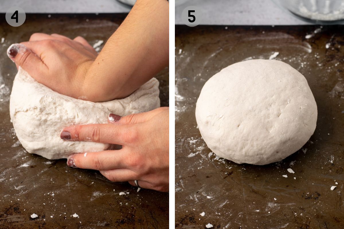 hand kneading the dough for gluten free bagels.