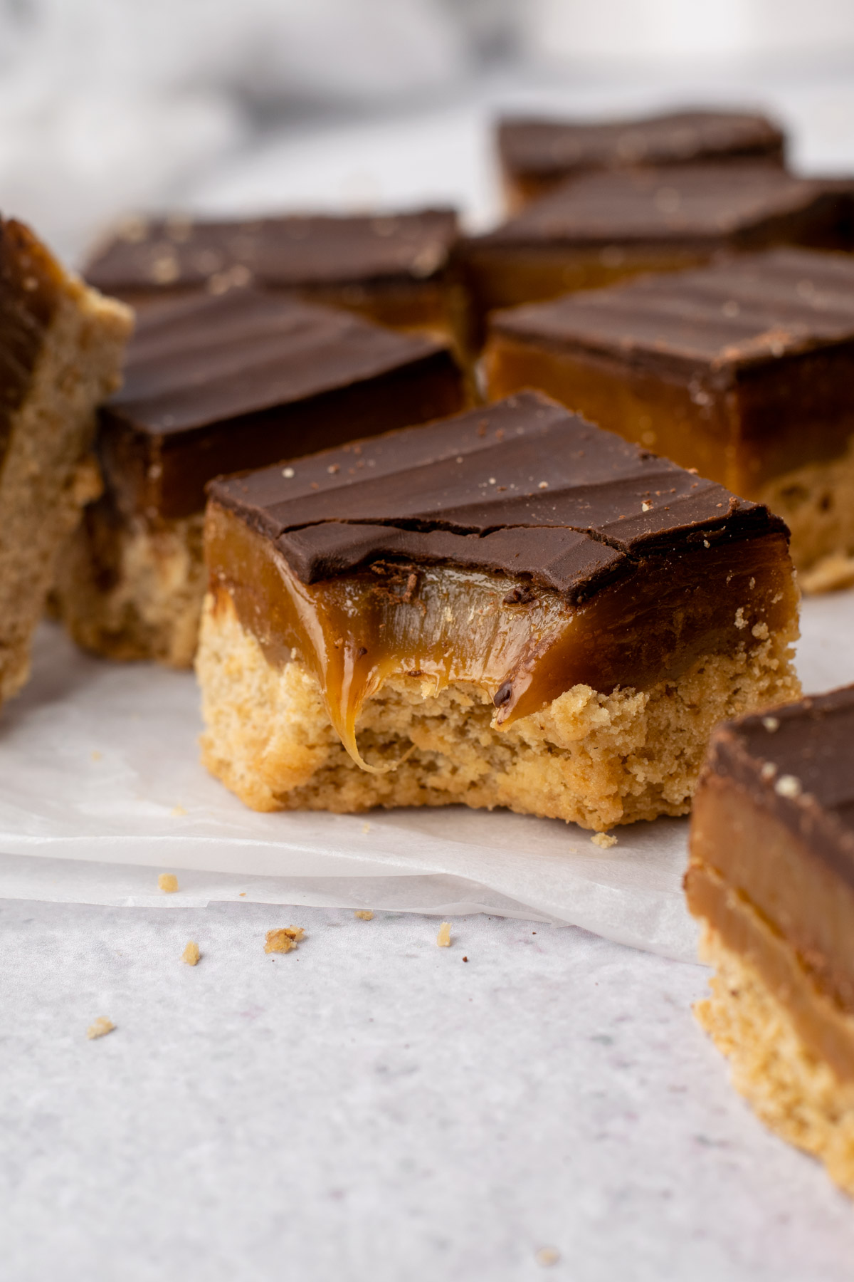 millionaire shortbread square with a bite missing