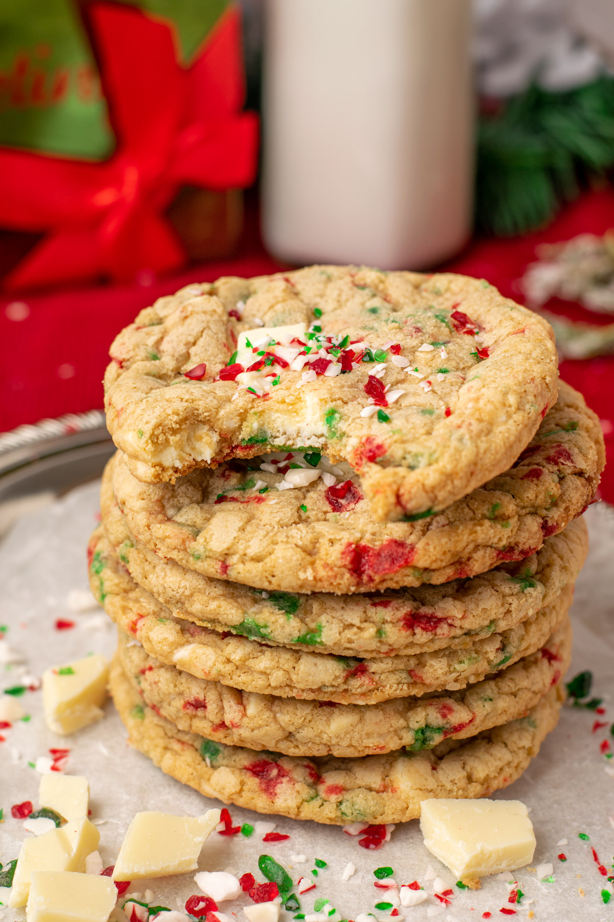 stack of candy cane white chocolate cookies