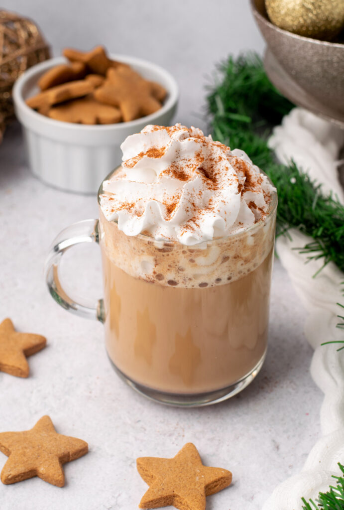 gingerbread latte with vegan whipped cream and cinnamon
