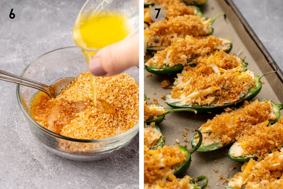 hand pouring melted butter into breadcrumb, then sprinkled breadcrumbs on jalapeno poppers.