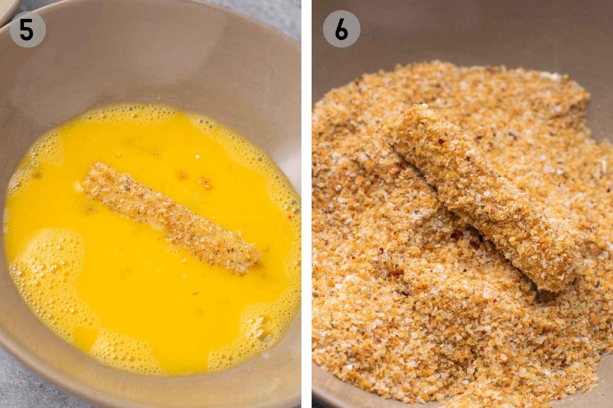 gluten free mozzarella stick being double dipped into egg wash and breadcrumbs.