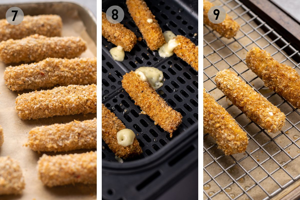 gluten free mozzarella sticks being cooked in the air fryer and oven.