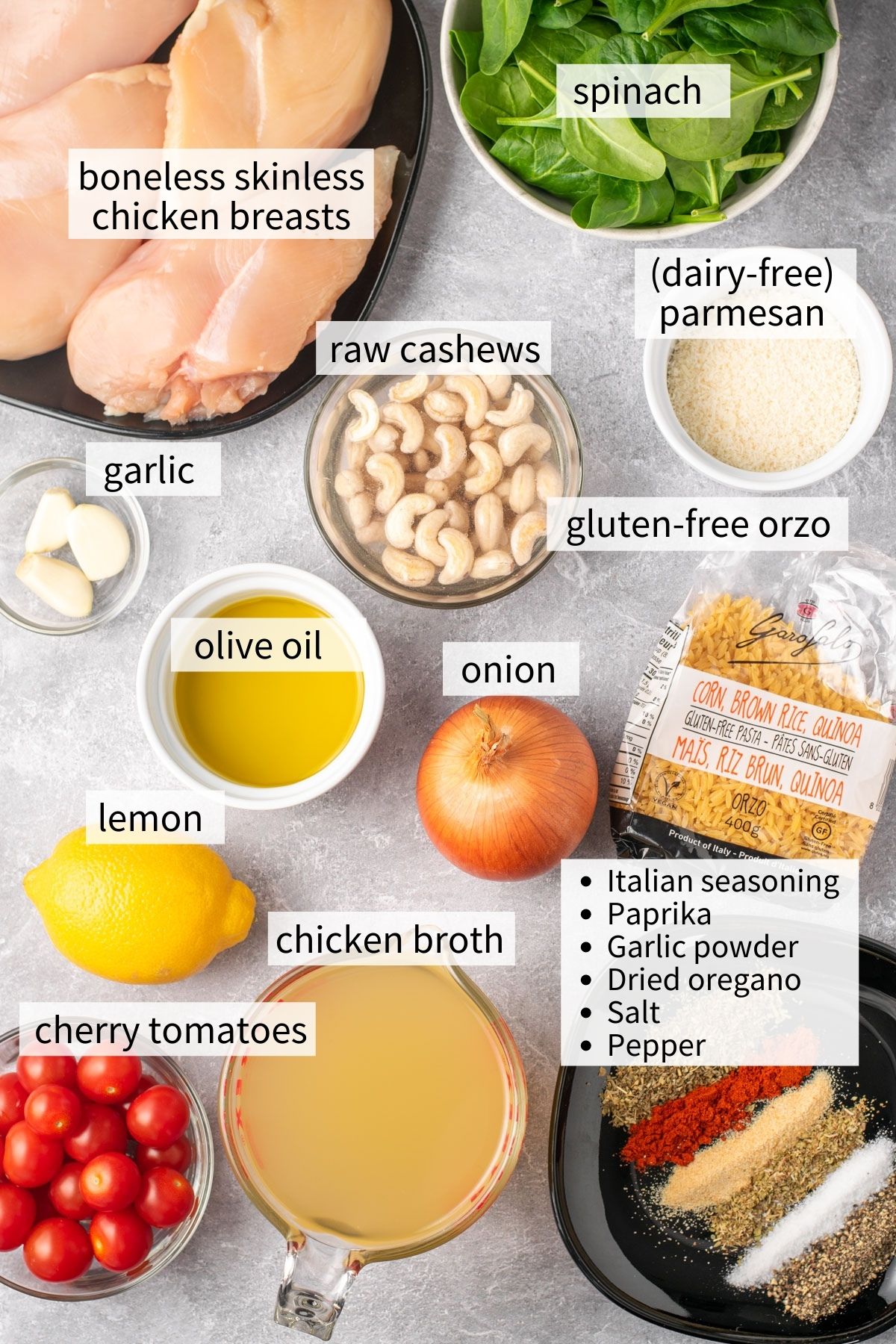 ingredients required to make gluten free and dairy free tuscan chicken and orzo