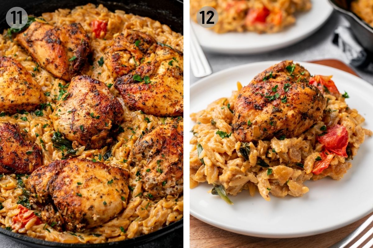 dairy free tuscan chicken and orzo in a skillet and on a plate for steps 11 and 12