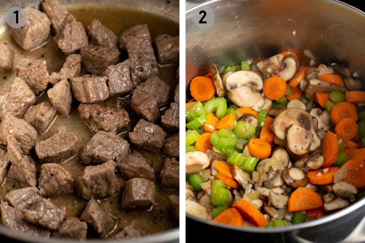 browning beef and cooking vegetables
