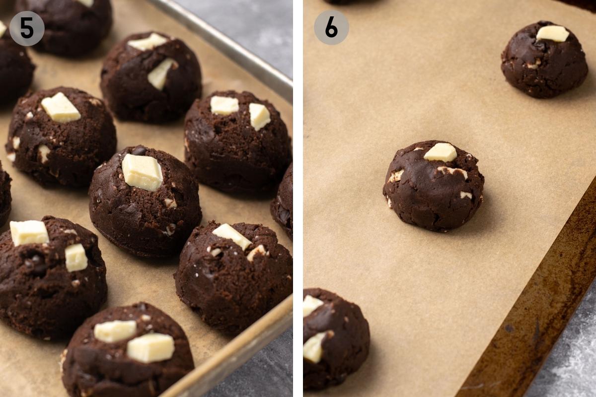 steps 5 and 6 of making inside out chocolate chip cookies. cookie dough balls on a baking sheet.