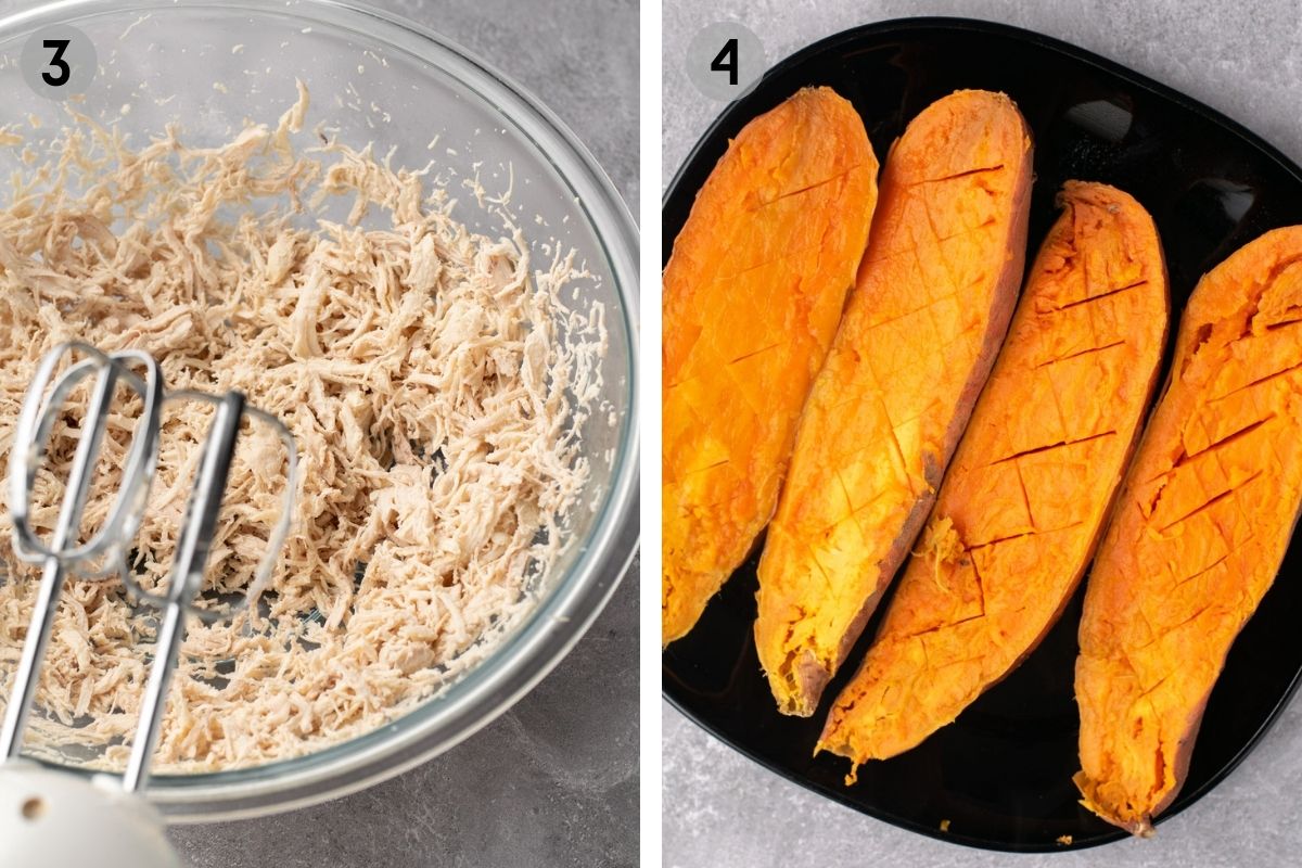 shredded chicken in a glass bowl and sweet potatoes on a plate