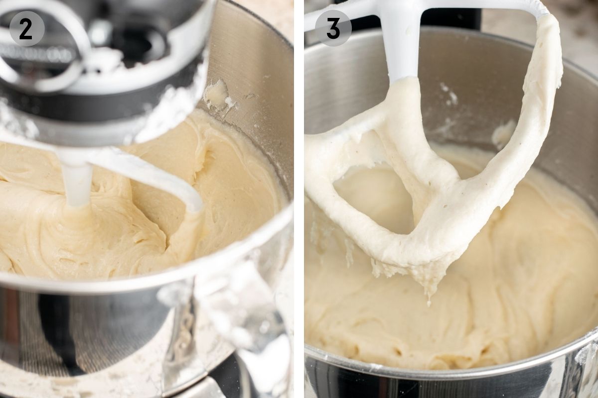english muffin dough mixing in a stand mixer