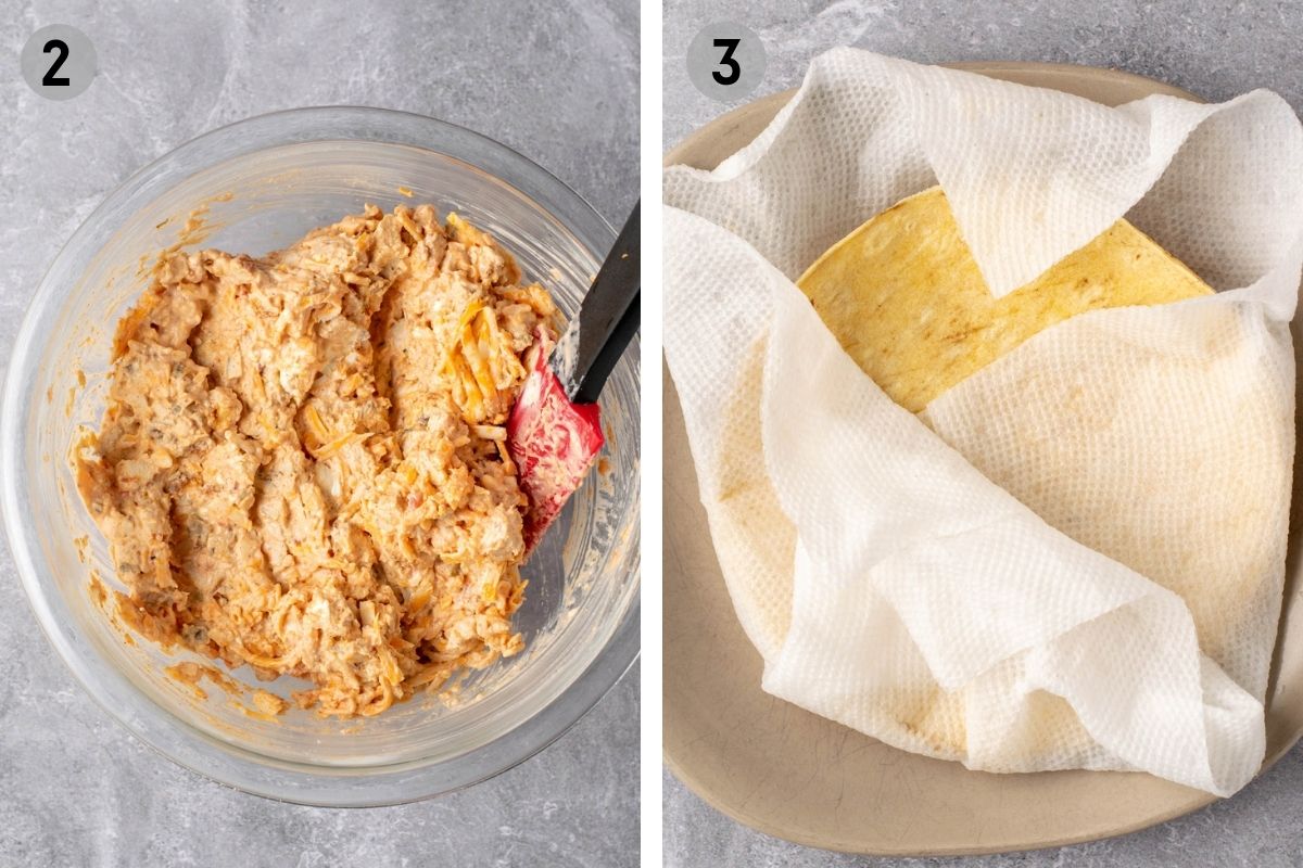 glass mixing bowl with taquito filling, and steamed corn tortillas in a paper towel