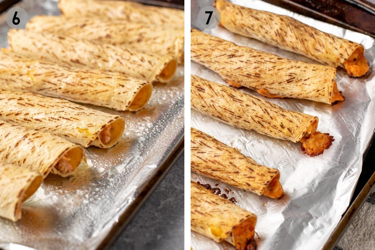 taquitos on a baking sheet before and after baking