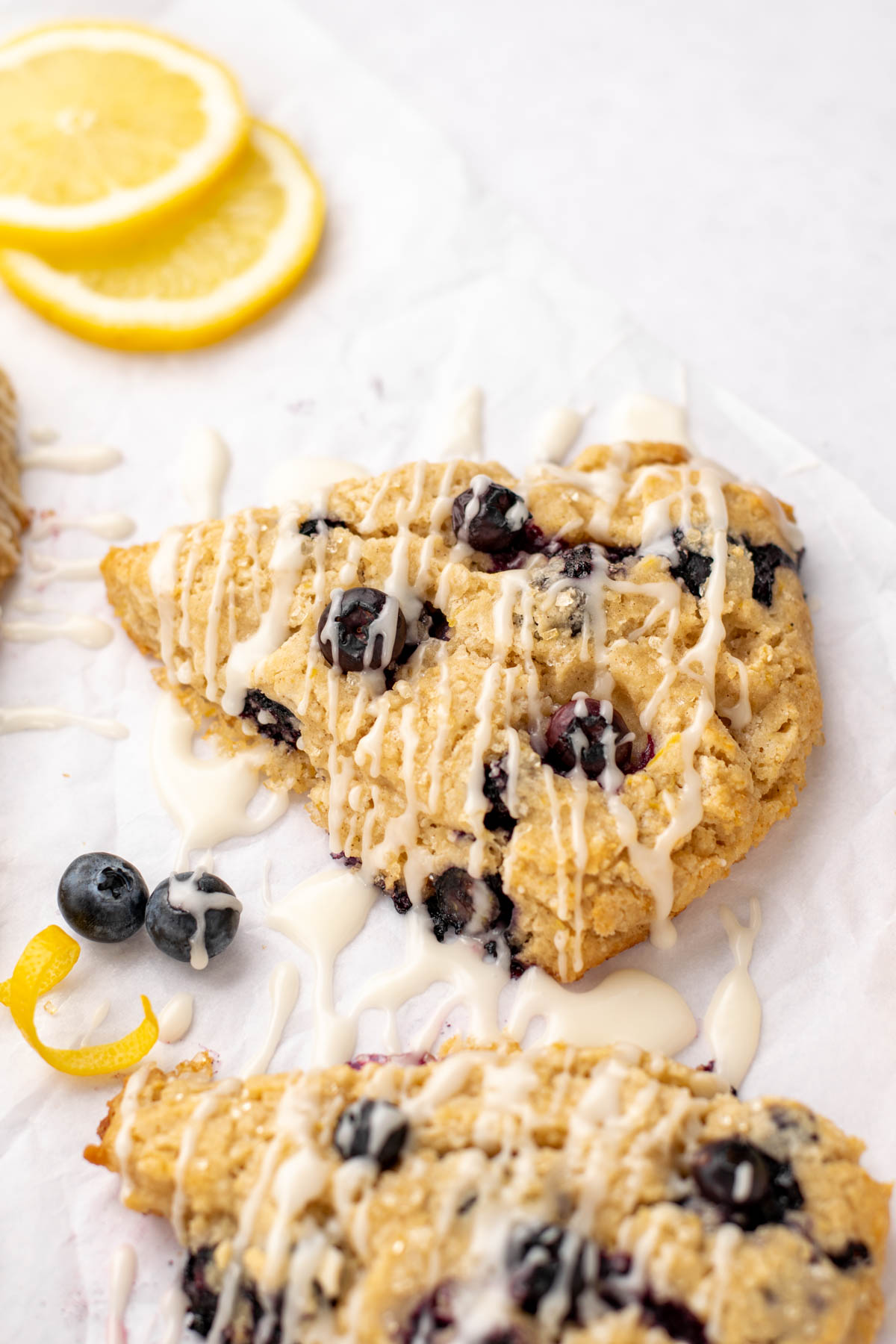 lemon blueberry scone drizzled with icing