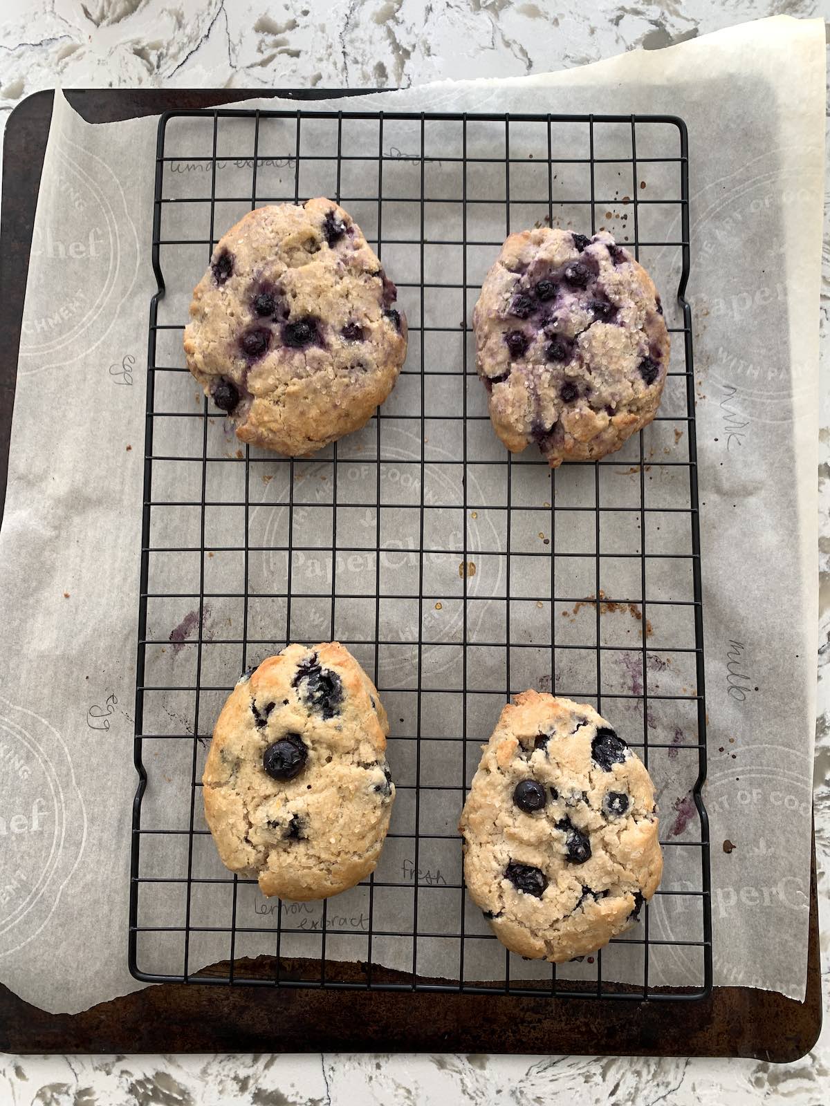 test scones on a wire rack, with frozen and fresh blueberries.