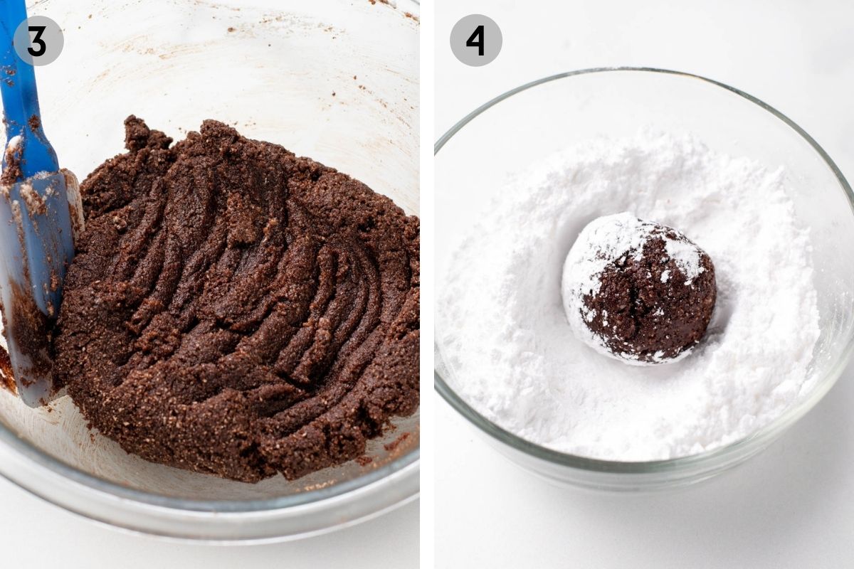 chocolate amaretti cookie dough in a bowl, cookie dough ball in a bowl of icing sugar.