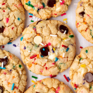 close up of funfetti cookies with sprinkles on top