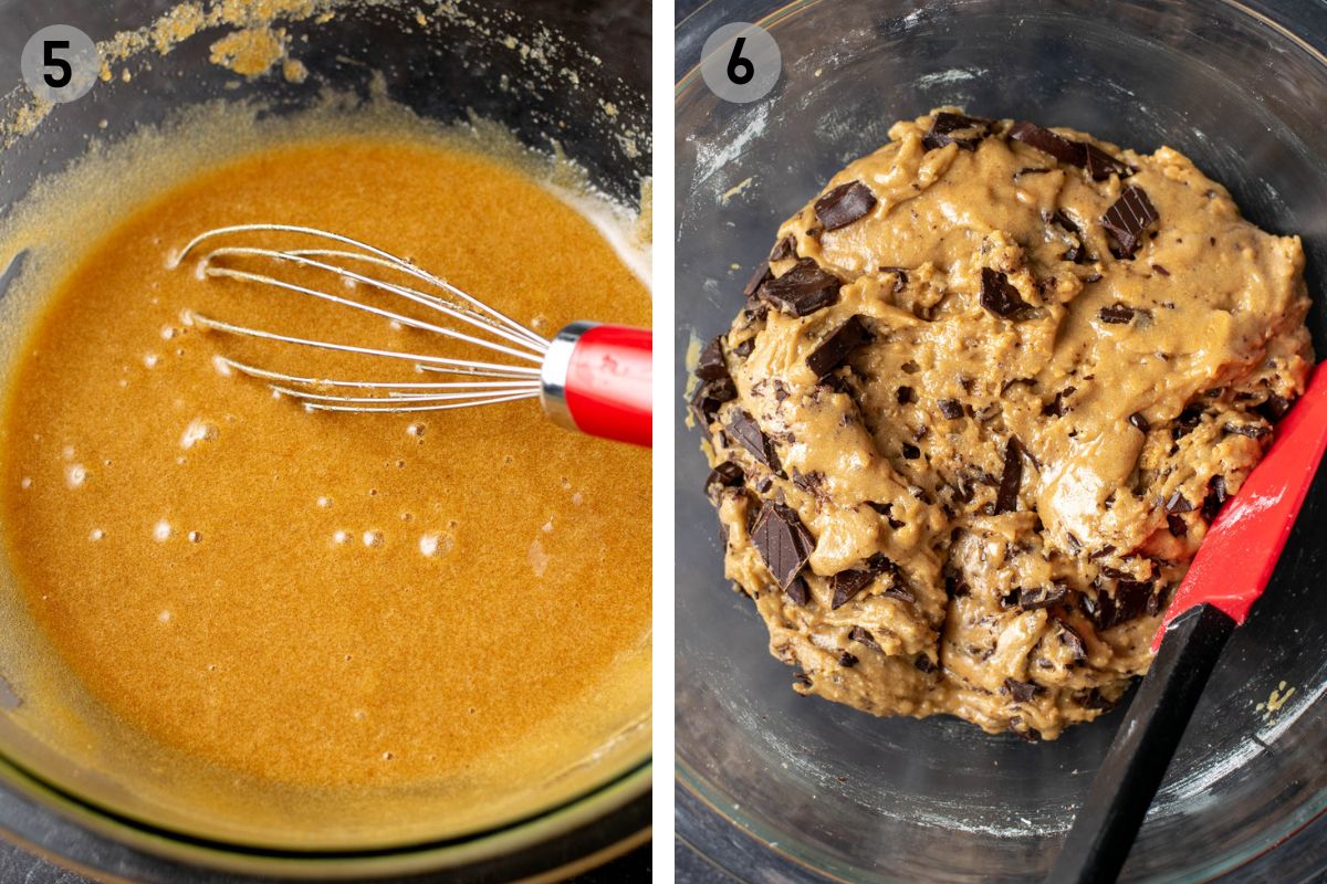 whisking cookie dough in a glass bowl.
