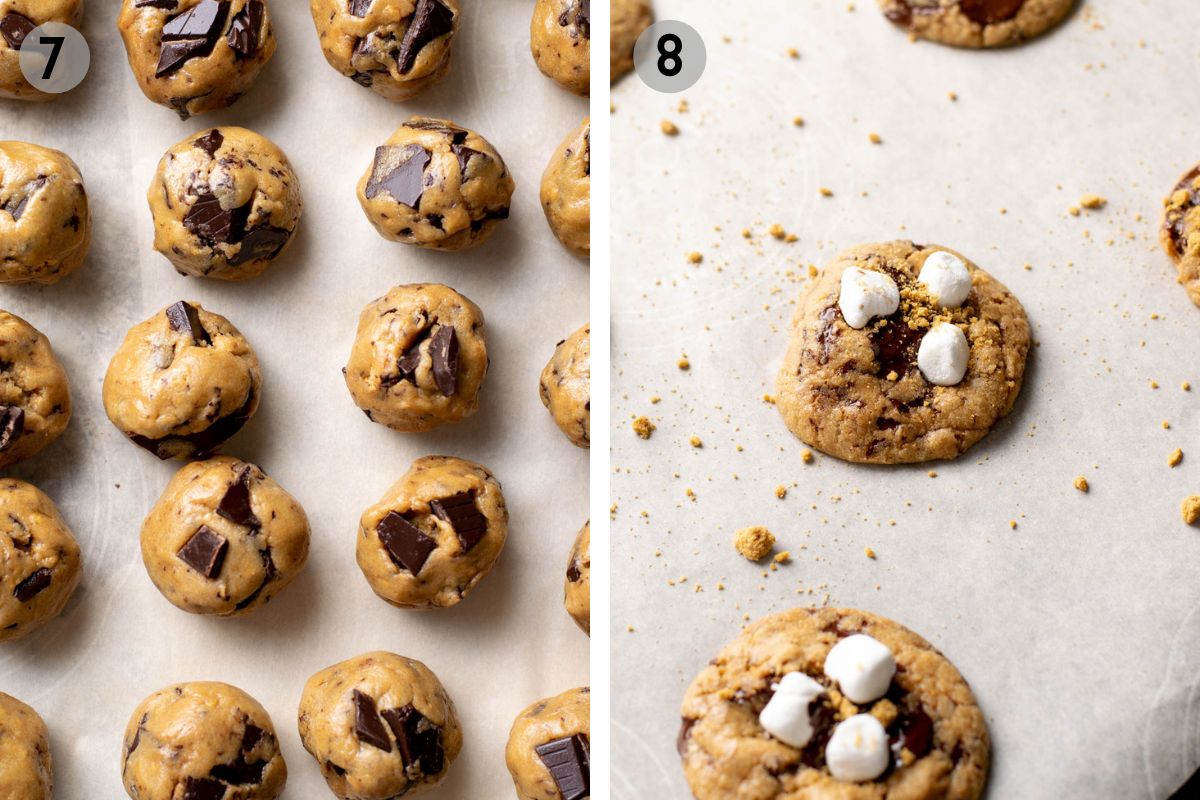 gluten free s'mores cookies before and after baking.