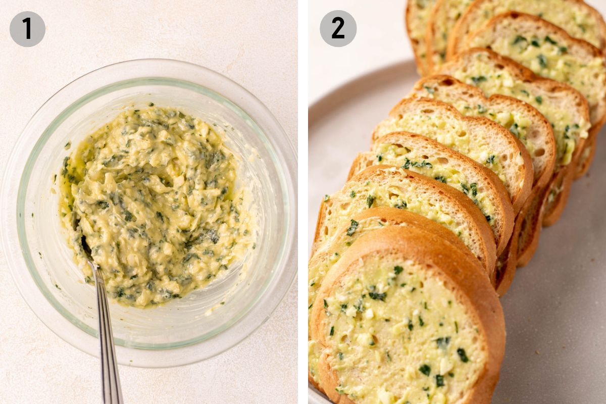 left: garlic butter mixture in a glass bowl. right: loaf of gluten free bread with garlic butter before baking.
