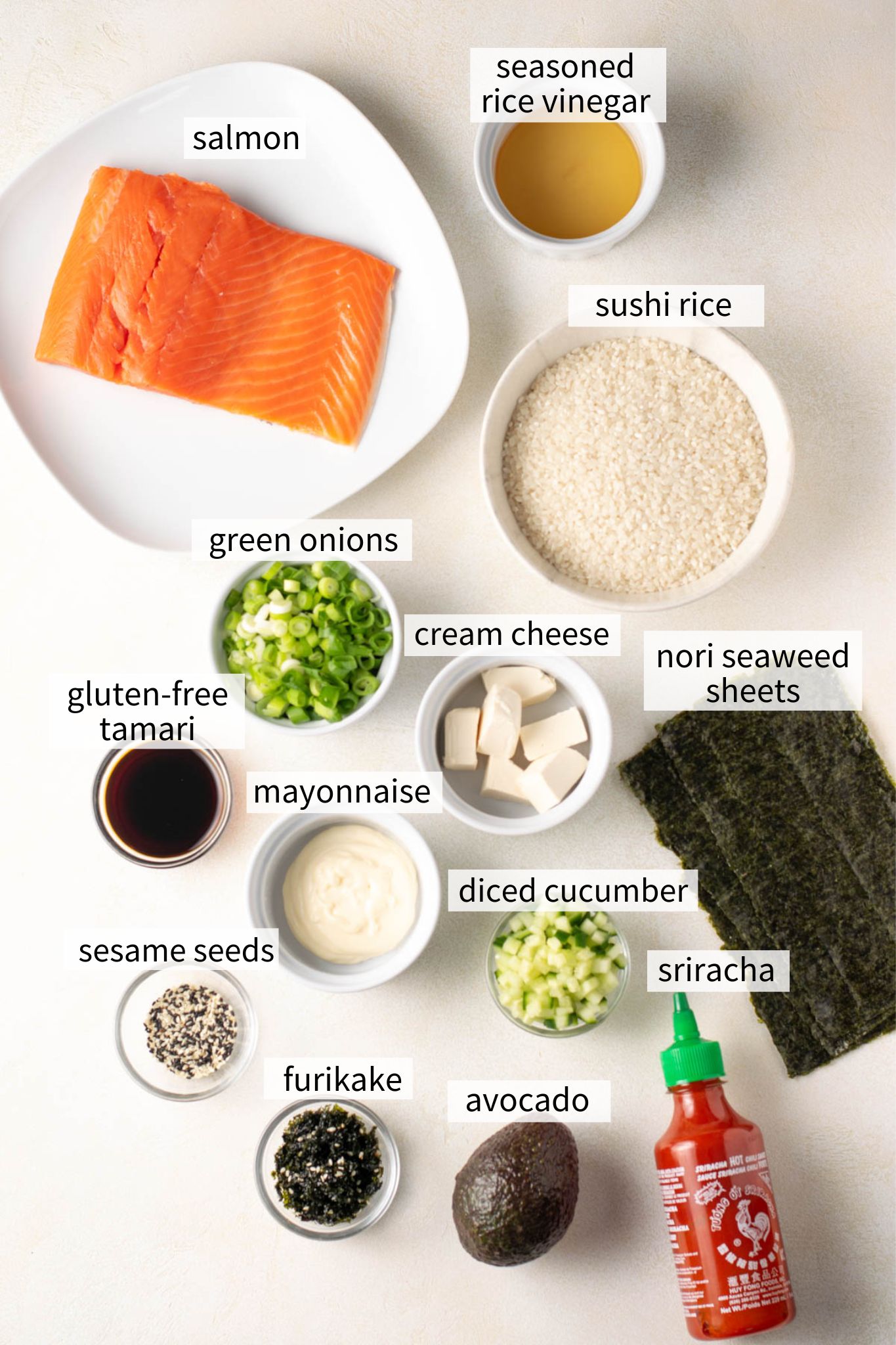 ingredients to make salmon sushi bake.