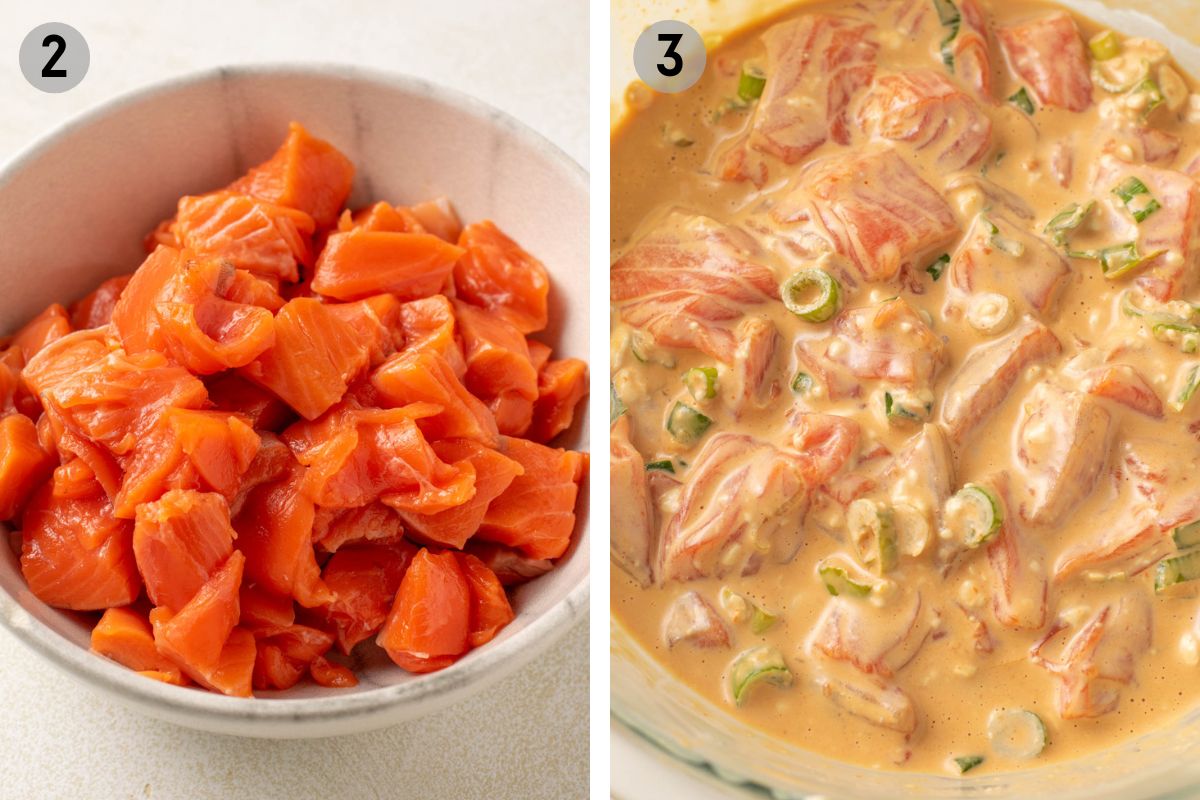 diced salmon then creamy salmon mixture in a bowl.