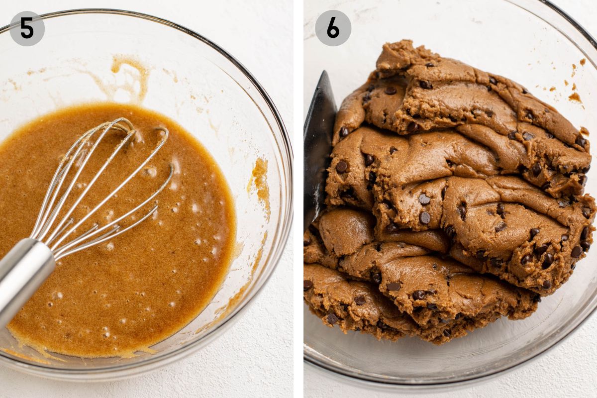 whisking coffee cookie dough in a glass bowl.