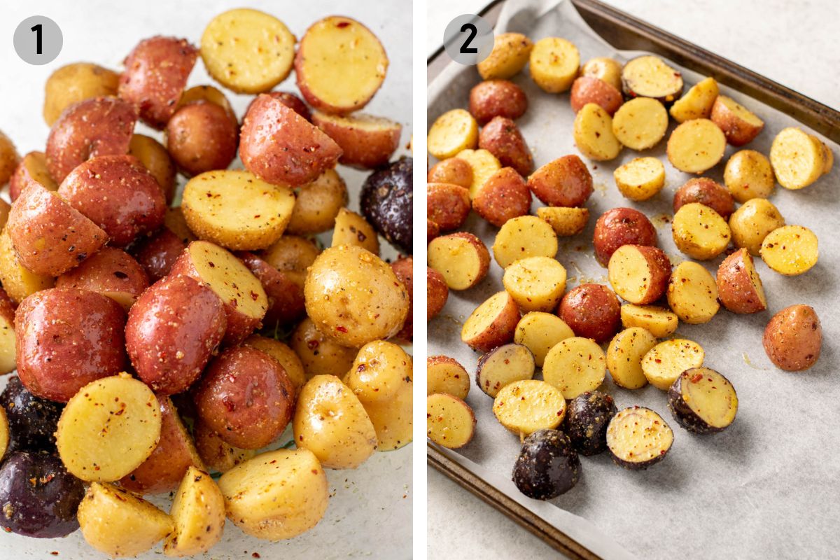 halved mini potatoes in a mixing bowl then on a sheet pan.