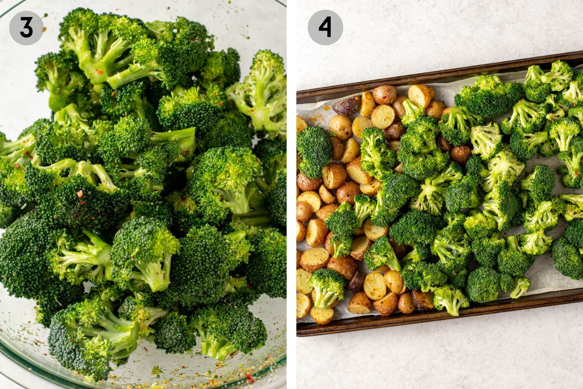 broccoli florets being tossed in a bowl then on a sheet pan with potatoes.