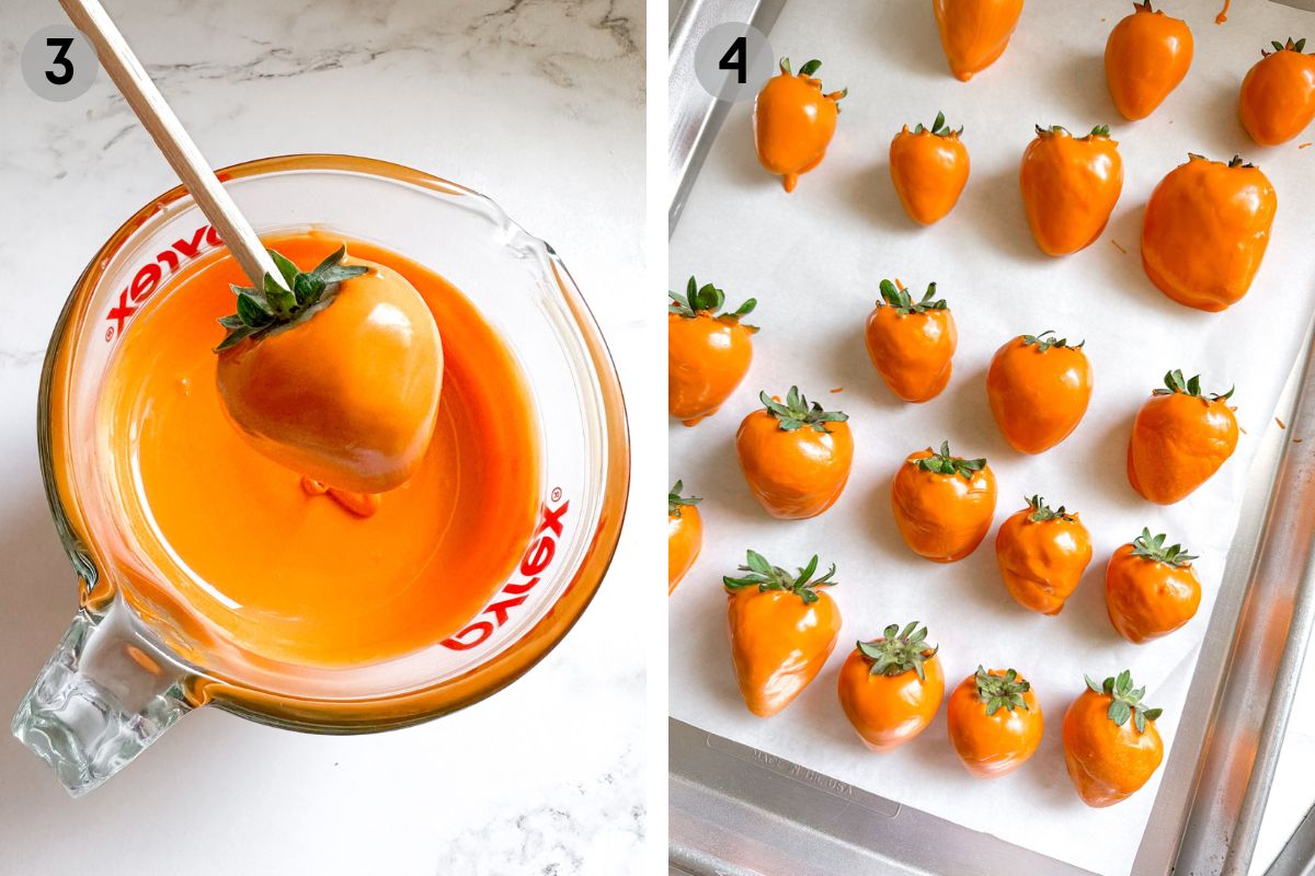 strawberries dipped in orange chocolate then placed on a baking sheet.