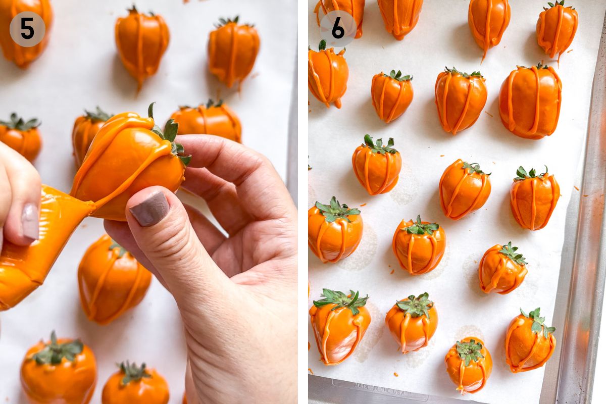 left: hand piping lines onto chocolate covered strawberry pumpkins, right: strawberries drying on a baking sheet.